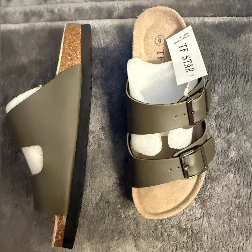 TF STAR Olive Green‎ Double Strap Slide Sandals Size 6 Cork Footbed NEW